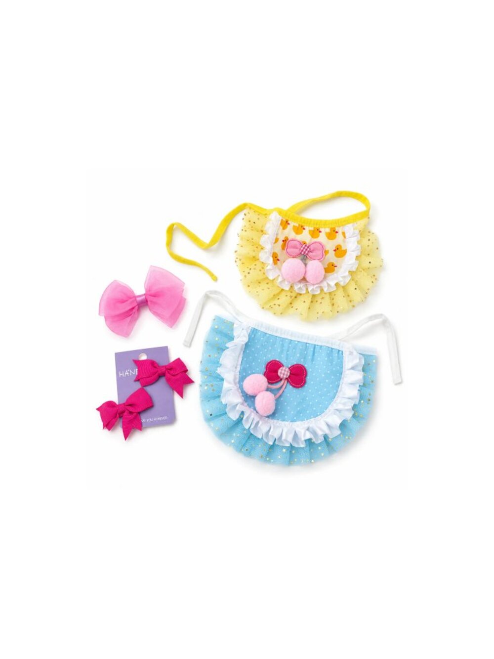 Dog Tutu Outfit | Yellow & Blue Pompom Detail Set with Bows for Small Dogs & Cat